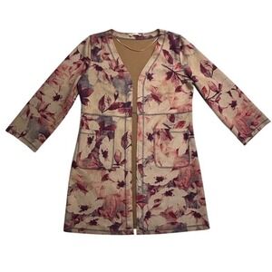 Solitaire Womens Floral Faux Suede Open Front Duster Cardigan Tan Mauve Medium